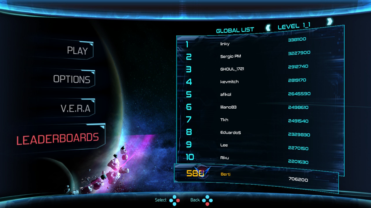 Screenshot: Dimension Drive online leaderboards of Level 1_1, showing Berti at 588th place with a score of 706 200